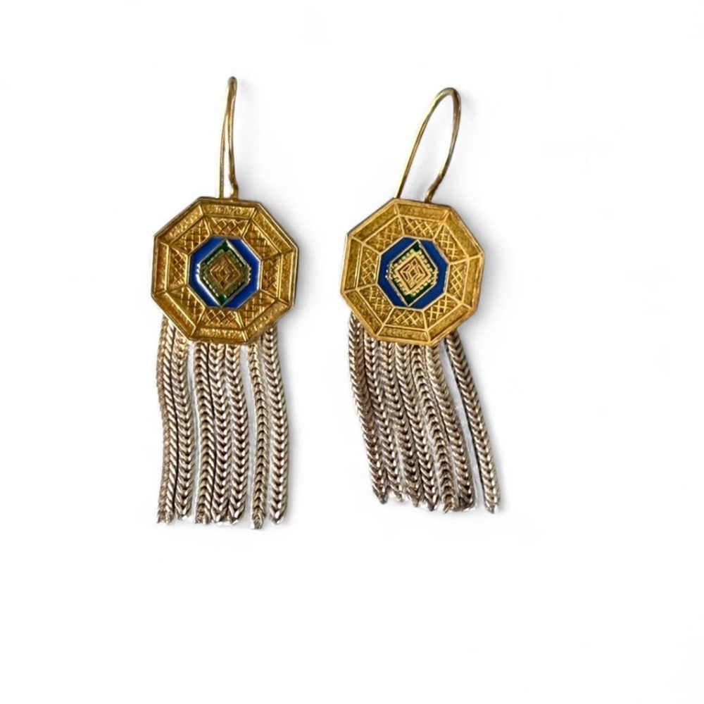Handmade 925 Silver gold plated Octagon Tassel Earrings with Blue enamel